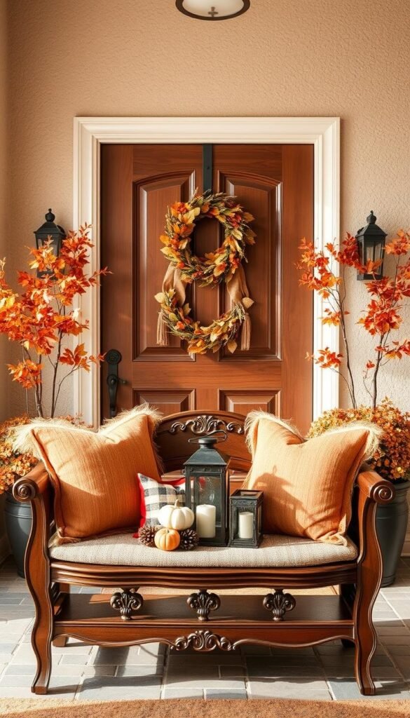 A charming and inviting fall entryway, captured in a warm, natural light. In the foreground, an ornate wooden bench adorned with plush autumnal-hued cushions and throw pillows. On the bench, a well-curated collection of fall-themed decor elements, such as decorative gourds, pinecones, and a rustic lantern. The middle ground features a substantial wooden door, its surface adorned with a stylish wreath of autumn leaves, berries, and twigs. Flanking the door, two potted plants with vibrant foliage in shades of orange and red. The background showcases a cozy, textured wall in a complementary neutral tone, setting the stage for this inviting fall display. A charming and inviting fall entryway, captured in a warm, natural light. In the foreground, an ornate wooden bench adorned with plush autumnal-hued cushions and throw pillows. On the bench, a well-curated collection of fall-themed decor elements, such as decorative gourds, pinecones, and a rustic lantern. The middle ground features a substantial wooden door, its surface adorned with a stylish wreath of autumn leaves, berries, and twigs. Flanking the door, two potted plants with vibrant foliage in shades of orange and red. The background showcases a cozy, textured wall in a complementary neutral tone, setting the stage for this inviting fall display.