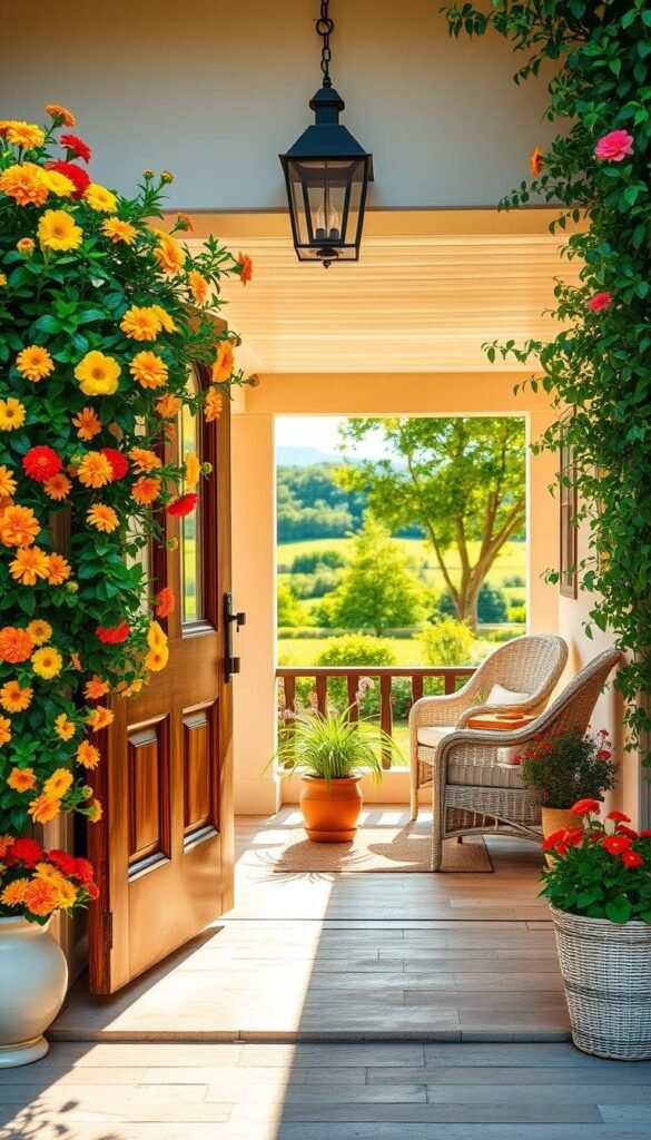 A charming summer home entrance with a warm, inviting color palette. The foreground features a stately wooden door framed by a lush arrangement of vibrant flowers in shades of yellow, orange, and red. The middle ground showcases a quaint porch with comfortable wicker furniture in soft neutral tones, accented by verdant potted plants. In the background, a picturesque landscape unfolds, with a lush garden and a clear blue sky overhead, lit by natural, golden sunlight filtering through the trees. The overall atmosphere radiates a sense of laid-back summer elegance and tranquility. A charming summer home entrance with a warm, inviting color palette. The foreground features a stately wooden door framed by a lush arrangement of vibrant flowers in shades of yellow, orange, and red. The middle ground showcases a quaint porch with comfortable wicker furniture in soft neutral tones, accented by verdant potted plants. In the background, a picturesque landscape unfolds, with a lush garden and a clear blue sky overhead, lit by natural, golden sunlight filtering through the trees. The overall atmosphere radiates a sense of laid-back summer elegance and tranquility.