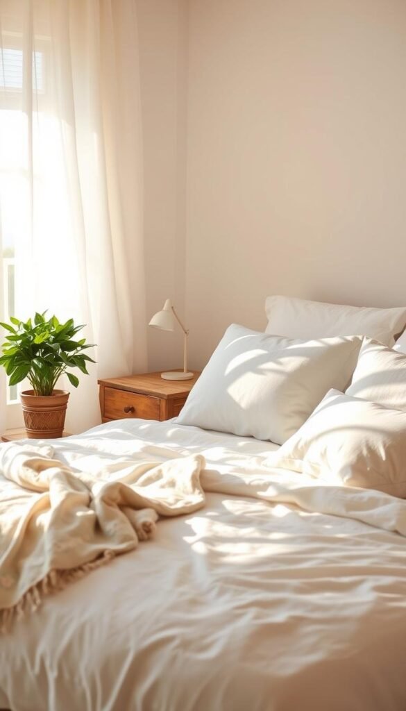 A cozy and airy summer bedroom with crisp white bed linen, soft blue-grey pillows, and a delicate floral throw. Sunlight streams through sheer white curtains, casting a warm, golden glow across the room. A rustic wooden nightstand holds a lush potted plant, adding a touch of greenery. The overall atmosphere is serene, calming, and effortlessly elegant, perfect for sweet dreams. A cozy and airy summer bedroom with crisp white bed linen, soft blue-grey pillows, and a delicate floral throw. Sunlight streams through sheer white curtains, casting a warm, golden glow across the room. A rustic wooden nightstand holds a lush potted plant, adding a touch of greenery. The overall atmosphere is serene, calming, and effortlessly elegant, perfect for sweet dreams.