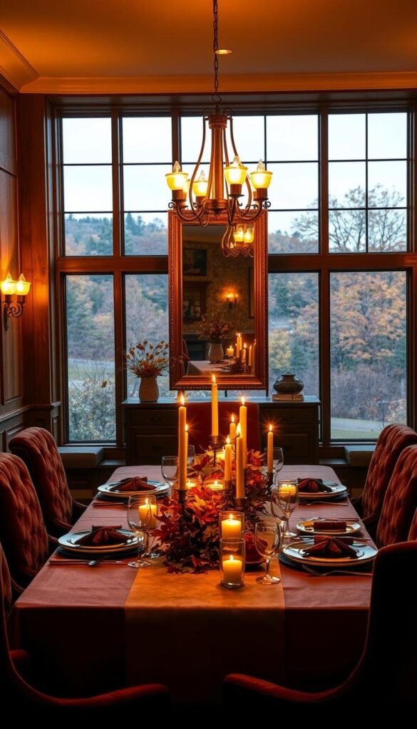 A cozy and elegant fall dining room, bathed in warm, inviting lighting. The table is set with rich, autumnal-hued linens, a centerpiece of seasonal foliage, and glowing candlesticks casting a soft, flickering glow. The walls are adorned with rustic wooden panels, complemented by vintage-inspired sconces and a grand, brass-framed mirror that reflects the scene, amplifying the ambient lighting. Plush, velvet chairs surround the table, inviting guests to linger and savor the moment. Large windows overlooking a picturesque fall landscape allow natural light to filter in, creating a harmonious blend of natural and artificial illumination. The overall atmosphere is one of refined sophistication and autumn ambiance.