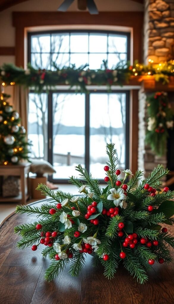 A cozy and elegant winter home decor scene. In the foreground, a beautifully arranged bouquet of lush evergreen branches, red berries, and delicate white flowers rests on a rustic wooden table. Soft, warm lighting casts a gentle glow, creating a serene and inviting atmosphere. In the middle ground, a large window frames a snowy landscape outside, with bare trees and a frozen lake in the distance. The background features a stone fireplace mantled with garlands of pine and holly, casting flickering shadows across the room. The overall mood is one of quiet sophistication and natural beauty, perfectly capturing the essence of winter. A cozy and elegant winter home decor scene. In the foreground, a beautifully arranged bouquet of lush evergreen branches, red berries, and delicate white flowers rests on a rustic wooden table. Soft, warm lighting casts a gentle glow, creating a serene and inviting atmosphere. In the middle ground, a large window frames a snowy landscape outside, with bare trees and a frozen lake in the distance. The background features a stone fireplace mantled with garlands of pine and holly, casting flickering shadows across the room. The overall mood is one of quiet sophistication and natural beauty, perfectly capturing the essence of winter.