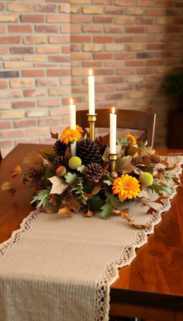 A cozy and inviting autumn scene featuring a rustic wooden table adorned with a simple yet stylish centerpiece. The centerpiece is a mix of dried leaves, pinecones, and a few vibrant marigolds, all illuminated by the soft glow of tealight candles. In the background, a warm-toned brick wall provides a natural, textured backdrop, while a delicate lace or burlap runner cascades down the table's edge. The overall atmosphere is one of relaxed elegance, showcasing how affordable, natural elements can create a beautiful and welcoming fall dining experience.