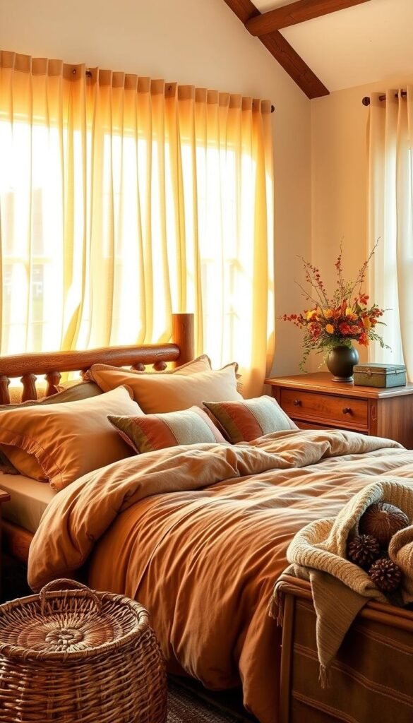 A cozy and inviting fall bedroom scene, featuring a rustic wooden bed frame adorned with a plush, earthy-toned comforter and pillows. Sheer curtains gently sway in a soft breeze, allowing natural light to filter in and cast a warm, golden glow throughout the space. On the bedside table, a wreath of autumn leaves and berries adds a touch of seasonal charm. In the corner, a wooden dresser displays a vase of vibrant fall flowers, complemented by a woven basket filled with pinecones and textured throw blankets. The room exudes a sense of serene, nature-inspired comfort, perfect for snuggling up on a crisp autumn night. A cozy and inviting fall bedroom scene, featuring a rustic wooden bed frame adorned with a plush, earthy-toned comforter and pillows. Sheer curtains gently sway in a soft breeze, allowing natural light to filter in and cast a warm, golden glow throughout the space. On the bedside table, a wreath of autumn leaves and berries adds a touch of seasonal charm. In the corner, a wooden dresser displays a vase of vibrant fall flowers, complemented by a woven basket filled with pinecones and textured throw blankets. The room exudes a sense of serene, nature-inspired comfort, perfect for snuggling up on a crisp autumn night.