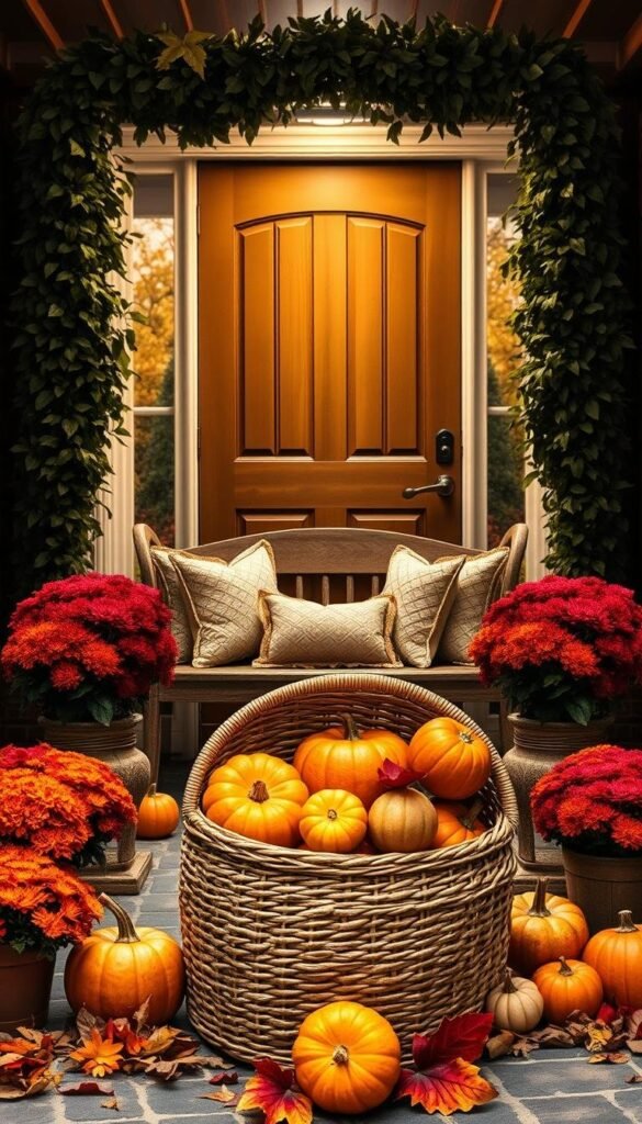A cozy and inviting fall entryway, featuring a warm palette of burnt orange, deep red, and earthy brown tones. In the foreground, a large woven basket overflows with a bountiful harvest of pumpkins, gourds, and autumn leaves. Flanking the doorway, potted mums in vibrant hues stand tall, their petals gently swaying in the crisp breeze. The middle ground showcases a rustic wooden bench adorned with plush throw pillows, inviting guests to pause and admire the seasonal decor. In the background, a lush, leafy garland cascades gracefully down the entryway, complementing the natural wood tones of the door and surrounding architecture. The lighting is soft and ambient, casting a warm glow over the entire scene and evoking a cozy, autumnal ambiance. A cozy and inviting fall entryway, featuring a warm palette of burnt orange, deep red, and earthy brown tones. In the foreground, a large woven basket overflows with a bountiful harvest of pumpkins, gourds, and autumn leaves. Flanking the doorway, potted mums in vibrant hues stand tall, their petals gently swaying in the crisp breeze. The middle ground showcases a rustic wooden bench adorned with plush throw pillows, inviting guests to pause and admire the seasonal decor. In the background, a lush, leafy garland cascades gracefully down the entryway, complementing the natural wood tones of the door and surrounding architecture. The lighting is soft and ambient, casting a warm glow over the entire scene and evoking a cozy, autumnal ambiance.