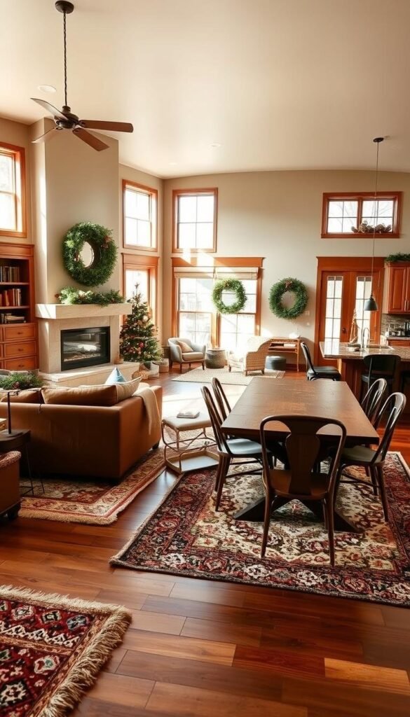 A cozy and inviting holiday home, bathed in warm, natural light and adorned with plush, textured rugs. The living room features a sleek, modern fireplace, flanked by built-in bookshelves and comfortable, oversized seating. The dining area boasts a rustic, wooden table surrounded by eclectic, mismatched chairs, creating a charming and inviting ambiance. The kitchen showcases a mix of contemporary and vintage elements, with a large, central island and a cozy, casual breakfast nook. The entire space is layered with rich, earthy tones, natural materials, and a touch of holiday cheer, exuding a sense of warmth and comfort.
