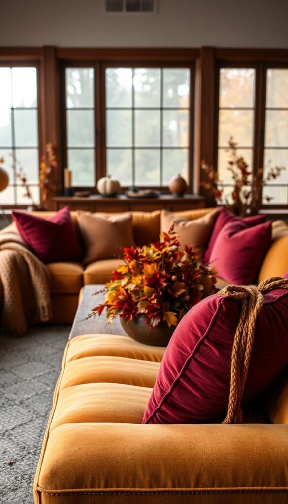 A cozy and inviting living room filled with the warm hues of autumn. The foreground features a plush velvet sofa in a deep ochre tone, accented by throw pillows in rich burgundy and rust tones. A knit blanket in a muted terracotta shade drapes over the arm of the sofa. In the middle ground, a wooden coffee table holds a centerpiece of vibrant fall foliage in shades of crimson, gold, and amber. Framing the scene, the background showcases large windows that allow natural light to pour in, illuminating the room and casting a soft, diffused glow. The overall mood is one of comfort, coziness, and the embrace of the changing seasons. A cozy and inviting living room filled with the warm hues of autumn. The foreground features a plush velvet sofa in a deep ochre tone, accented by throw pillows in rich burgundy and rust tones. A knit blanket in a muted terracotta shade drapes over the arm of the sofa. In the middle ground, a wooden coffee table holds a centerpiece of vibrant fall foliage in shades of crimson, gold, and amber. Framing the scene, the background showcases large windows that allow natural light to pour in, illuminating the room and casting a soft, diffused glow. The overall mood is one of comfort, coziness, and the embrace of the changing seasons.