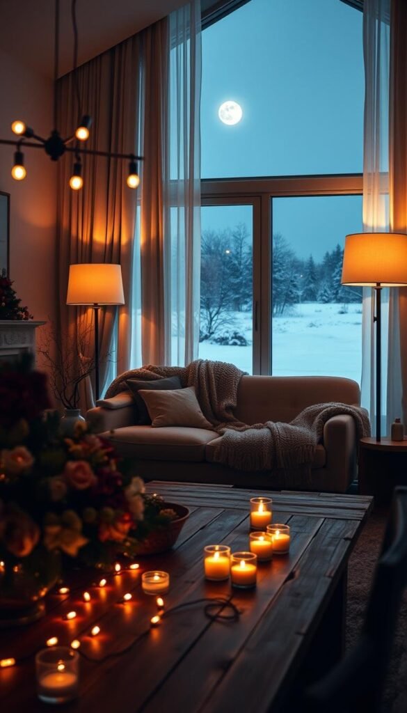 A cozy and inviting winter interior scene, bathed in a warm, ambient glow. In the foreground, an array of tasteful table lamps and string lights cast a soft, intimate light over a rustic wooden table, adorned with seasonal floral arrangements and candles. The middle ground features a large, plush sofa draped in a soft, knitted throw, flanked by tall, floor-standing lamps that create a gentle, diffused illumination. In the background, a large window overlooks a snowy landscape, the moonlight filtering through sheer curtains and adding a touch of serene, natural luminance to the scene. The overall mood is one of hygge - a sense of cozy, comfortable contentment, perfect for a chic, winter evening at home.