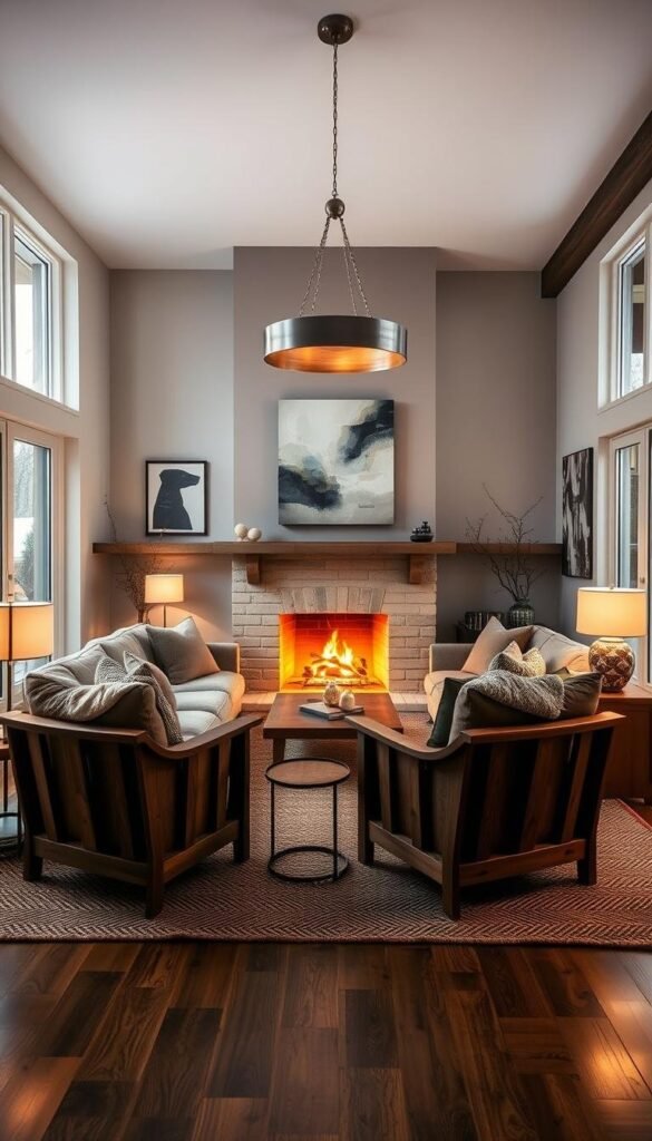 A cozy and inviting winter living room with a plush, oversized sofa arranged in front of a warm fireplace. The sofa is flanked by a pair of sturdy, wooden armchairs, creating an intimate seating arrangement. A large, woven rug grounds the space, adding texture and warmth. The room is illuminated by a mix of soft, ambient lighting from floor lamps and a central, brushed metal chandelier that casts a gentle glow. The walls are adorned with a few pieces of abstract artwork, complementing the natural tones of the furniture. Large windows allow the winter sunlight to filter in, creating a bright and welcoming atmosphere.