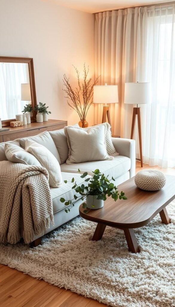 A cozy and inviting winter living room with plush, textured fabrics in neutral tones of beige, ivory, and soft gray. Plush velvet and chenille throw pillows adorn a deep, comfortable sofa, complemented by a chunky knit blanket draped over the arm. A fluffy, shag area rug grounds the space, surrounding a low wooden coffee table topped with a bouquet of fresh eucalyptus. Soft, ambient lighting filters through sheer curtains, casting a warm glow throughout the room. Wooden accents, such as a side table and a statement floor lamp, add natural warmth, while a large, framed mirror reflects the serene scene. The overall atmosphere is one of hygge - a sense of cozy contentment and well-being.