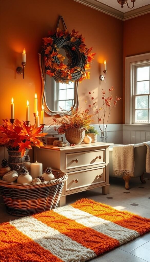 A cozy autumn bathroom adorned with warm-hued decor. In the foreground, a plush bath mat in burnt orange and cream, complemented by a woven basket filled with scented candles and pinecones. On the vanity, a decorative vase overflows with vibrant fall foliage. The mirror is framed by a rustic wooden wreath, its leaves and berries casting soft, ambient lighting. Subtle brass accents shine throughout, creating an inviting, seasonal ambiance. The walls are painted in a rich, earthy tone, while the clawfoot tub in the background is draped with a fluffy, knitted throw. Sunlight streams in through a large window, illuminating the tranquil, autumnal scene.