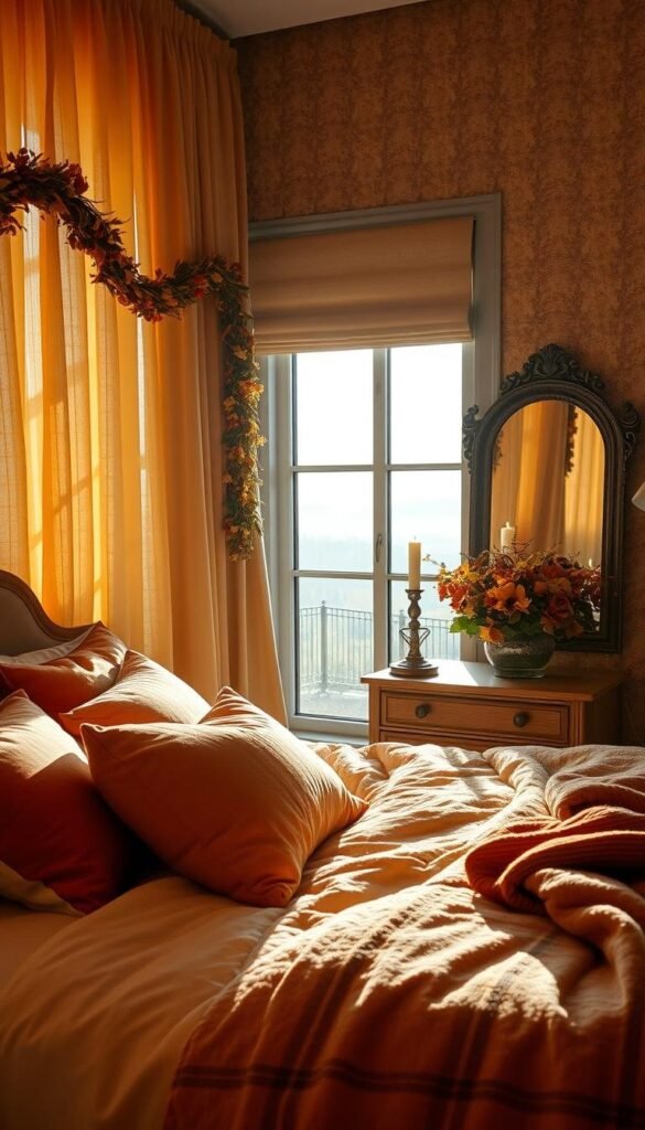 A cozy autumn bedroom, bathed in warm golden light filtering through sheer curtains. In the foreground, a plush, inviting bed adorned with a soft, plaid blanket and piled high with pumpkin-hued accent pillows. On the adjacent wall, a large, ornate mirror reflects the scene, its frame draped in dried flower garlands. In the middle ground, a wooden nightstand holds a flickering candle and a vase of vibrant fall foliage. The background features textured, earth-toned wallpaper and a window overlooking a serene, misty landscape. The overall atmosphere is one of tranquility, comfort, and the embrace of the changing seasons. A cozy autumn bedroom, bathed in warm golden light filtering through sheer curtains. In the foreground, a plush, inviting bed adorned with a soft, plaid blanket and piled high with pumpkin-hued accent pillows. On the adjacent wall, a large, ornate mirror reflects the scene, its frame draped in dried flower garlands. In the middle ground, a wooden nightstand holds a flickering candle and a vase of vibrant fall foliage. The background features textured, earth-toned wallpaper and a window overlooking a serene, misty landscape. The overall atmosphere is one of tranquility, comfort, and the embrace of the changing seasons.