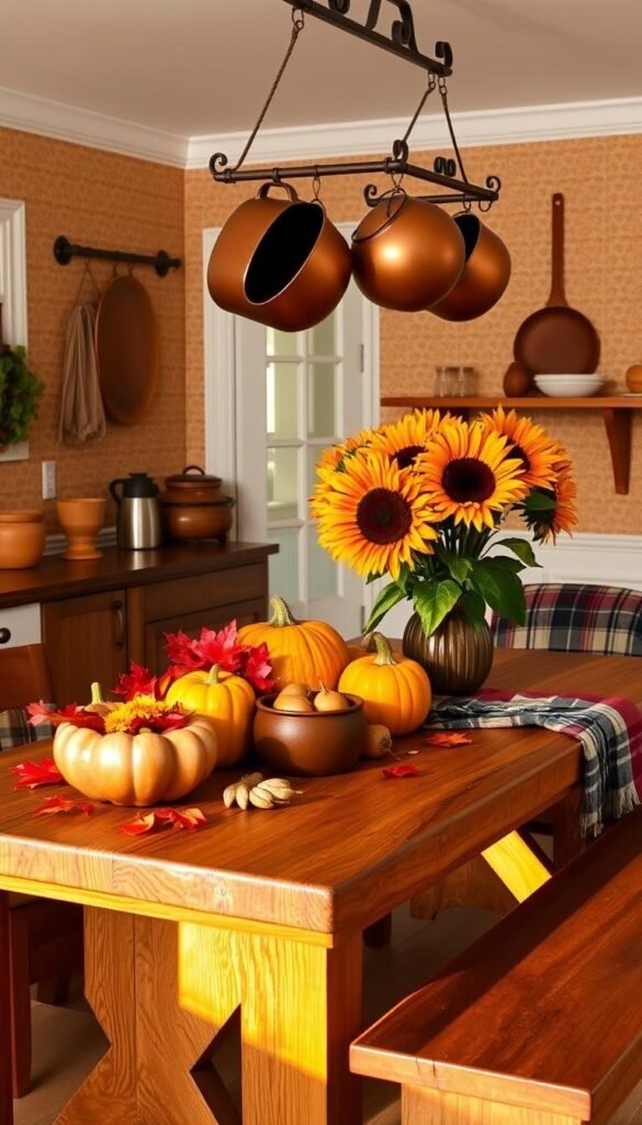 A cozy autumn kitchen, bathed in warm amber light. Vibrant leaves and ornamental gourds adorn a rustic wooden table, complemented by earthy ceramic bowls and a vase of vibrant sunflowers. Burnished copper pots hang from a rack, while a plaid blanket drapes over a wooden bench. The walls feature a subtle wallpaper pattern in muted shades of ochre and terracotta. The overall scene exudes a sense of inviting, seasonal comfort, perfect for embracing the flavors and spirit of fall. A cozy autumn kitchen, bathed in warm amber light. Vibrant leaves and ornamental gourds adorn a rustic wooden table, complemented by earthy ceramic bowls and a vase of vibrant sunflowers. Burnished copper pots hang from a rack, while a plaid blanket drapes over a wooden bench. The walls feature a subtle wallpaper pattern in muted shades of ochre and terracotta. The overall scene exudes a sense of inviting, seasonal comfort, perfect for embracing the flavors and spirit of fall.