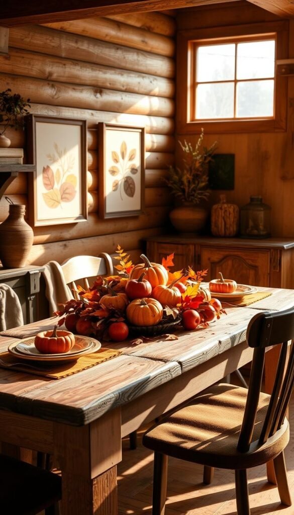 A cozy autumn kitchen, warm and inviting, with a rustic wooden table set for a fall feast. On the table, a centerpiece of vibrant orange pumpkins, red apples, and golden leaves, illuminated by soft, natural lighting filtering through a large window. Adorning the walls, a pair of framed, abstract fall-themed prints in earthy tones, complementing the seasonal decor. The overall atmosphere evokes a sense of harvest, comfort, and the joyful embrace of the changing seasons. A cozy autumn kitchen, warm and inviting, with a rustic wooden table set for a fall feast. On the table, a centerpiece of vibrant orange pumpkins, red apples, and golden leaves, illuminated by soft, natural lighting filtering through a large window. Adorning the walls, a pair of framed, abstract fall-themed prints in earthy tones, complementing the seasonal decor. The overall atmosphere evokes a sense of harvest, comfort, and the joyful embrace of the changing seasons.