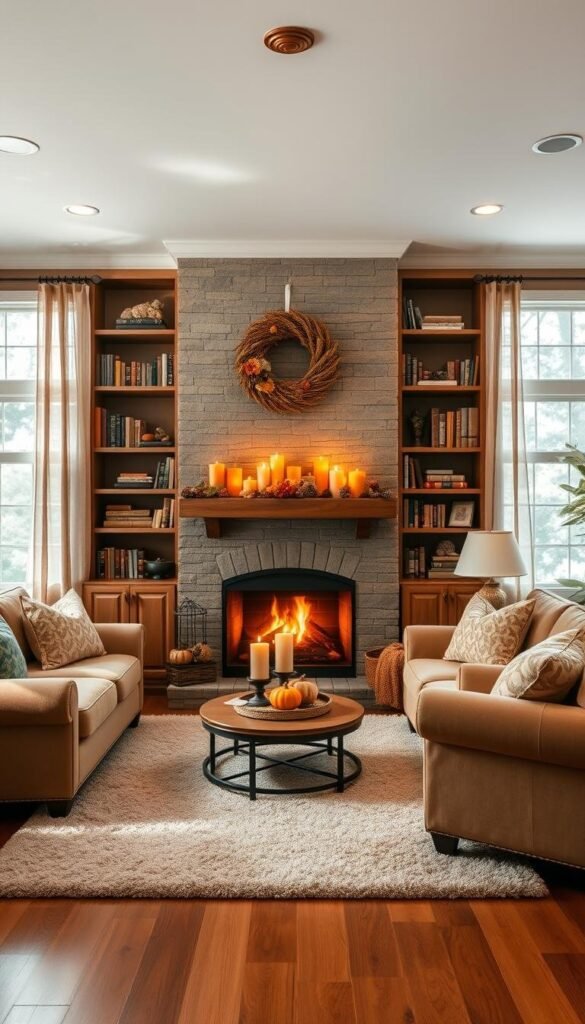 A cozy autumn living room with a plush, earth-toned sofa and armchair arrangement. A large, inviting fireplace takes center stage, casting a warm, flickering glow across the space. On the mantel, several scented candles in amber, orange, and cinnamon hues flicker softly, their gentle flames illuminating decorative gourds, pinecones, and a woven wreath. Bookshelves line the walls, filled with autumnal-themed tomes. Soft overhead lighting dapples the room, creating a serene, intimate atmosphere. The hardwood floors are covered in a plush, neutral area rug, and the windows allow in dappled natural light, framed by sheer curtains. This is a tranquil, cozy sanctuary, perfect for savoring the scents and sights of the fall season. A cozy autumn living room with a plush, earth-toned sofa and armchair arrangement. A large, inviting fireplace takes center stage, casting a warm, flickering glow across the space. On the mantel, several scented candles in amber, orange, and cinnamon hues flicker softly, their gentle flames illuminating decorative gourds, pinecones, and a woven wreath. Bookshelves line the walls, filled with autumnal-themed tomes. Soft overhead lighting dapples the room, creating a serene, intimate atmosphere. The hardwood floors are covered in a plush, neutral area rug, and the windows allow in dappled natural light, framed by sheer curtains. This is a tranquil, cozy sanctuary, perfect for savoring the scents and sights of the fall season.