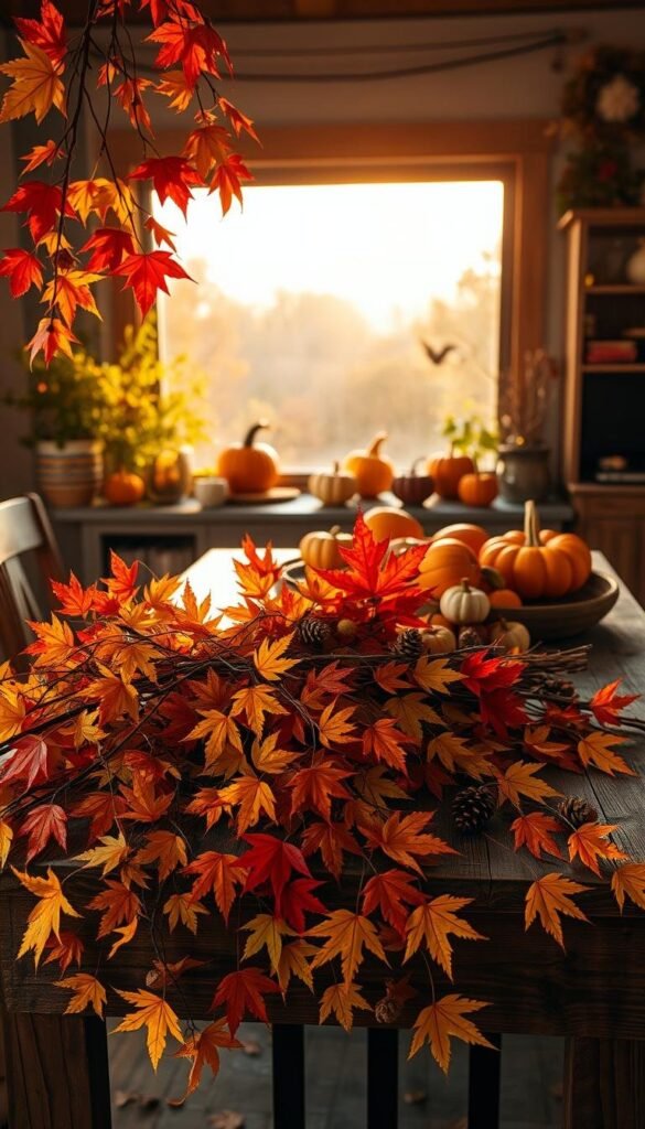 A cozy autumn scene featuring a rustic wooden table adorned with a vibrant array of fall foliage. In the foreground, an arrangement of vibrant maple leaves, oak branches, and trailing vines spills across the tabletop, casting warm shadows. The middle ground showcases a collection of artfully displayed gourds, pinecones, and acorns, while the background features a soft, hazy landscape of changing trees, illuminated by the golden glow of late afternoon sunlight filtering through the window. The overall atmosphere is one of inviting coziness and the natural beauty of the fall season. A cozy autumn scene featuring a rustic wooden table adorned with a vibrant array of fall foliage. In the foreground, an arrangement of vibrant maple leaves, oak branches, and trailing vines spills across the tabletop, casting warm shadows. The middle ground showcases a collection of artfully displayed gourds, pinecones, and acorns, while the background features a soft, hazy landscape of changing trees, illuminated by the golden glow of late afternoon sunlight filtering through the window. The overall atmosphere is one of inviting coziness and the natural beauty of the fall season.