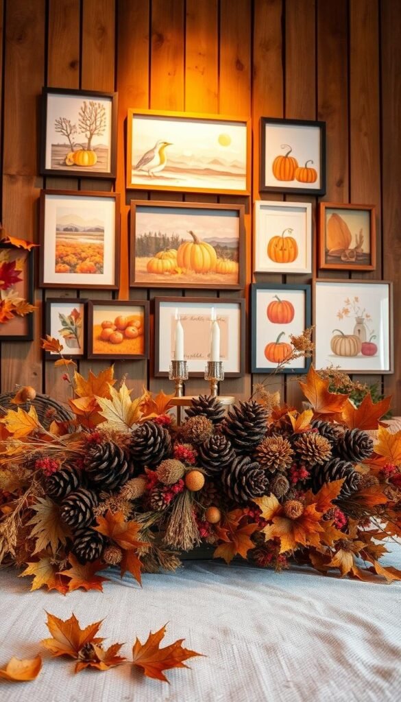 A cozy autumn setting with a rustic wooden wall adorned with a vibrant arrangement of fall-themed wall art. In the foreground, a cluster of maple leaves, pinecones, and dried flowers creates a natural, textured display. Behind, an array of framed paintings and illustrations showcase autumnal landscapes, pumpkins, and seasonal motifs. Warm, soft lighting casts a golden glow, evoking a inviting, seasonal ambiance. The composition balances natural elements with modern, minimalist decor, striking a harmonious tone for a welcoming, autumnal refresh. A cozy autumn setting with a rustic wooden wall adorned with a vibrant arrangement of fall-themed wall art. In the foreground, a cluster of maple leaves, pinecones, and dried flowers creates a natural, textured display. Behind, an array of framed paintings and illustrations showcase autumnal landscapes, pumpkins, and seasonal motifs. Warm, soft lighting casts a golden glow, evoking a inviting, seasonal ambiance. The composition balances natural elements with modern, minimalist decor, striking a harmonious tone for a welcoming, autumnal refresh.