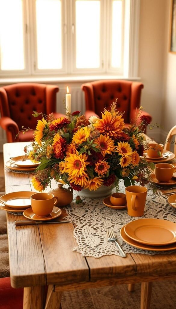 A cozy autumn table setting, captured in soft, warm light. In the foreground, a rustic wooden table is adorned with a delicate lace tablecloth, its natural texture complementing the earthy hues of the season. Centered on the table, a bountiful arrangement of autumnal florals - vibrant dahlias, golden sunflowers, and cascading vines - creates a stunning focal point. Alongside, an assortment of vintage-inspired dishes, cups, and cutlery in shades of ochre and terracotta evoke a sense of nostalgia. The middle ground features plush velvet chairs in rich, jewel-toned hues, while the background is framed by a large window, allowing natural light to flood the scene and cast a gentle, golden glow over the entire setting.