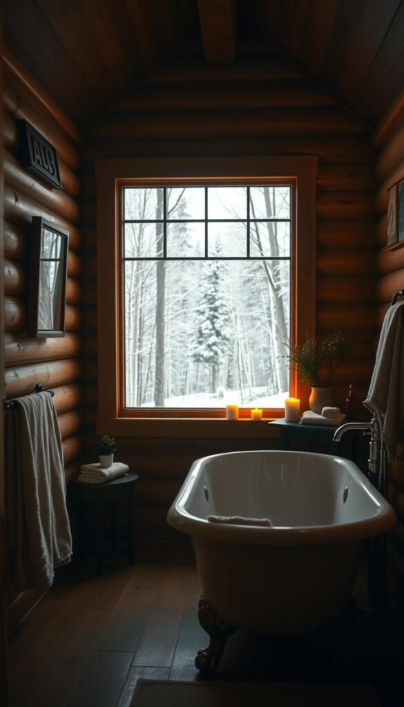 A cozy cabin bathroom with warm, ambient lighting. Wooden paneled walls and a claw-foot bathtub in the foreground, accented by plush towels, candles, and a small side table with a potted plant. The middle ground features a large window overlooking a snowy forest landscape, allowing natural light to filter in. The bathroom has a rustic, soothing atmosphere, perfect for enjoying a relaxing winter morning routine. Soft, diffused lighting casts a cozy glow, creating an inviting and comfortable space. A cozy cabin bathroom with warm, ambient lighting. Wooden paneled walls and a claw-foot bathtub in the foreground, accented by plush towels, candles, and a small side table with a potted plant. The middle ground features a large window overlooking a snowy forest landscape, allowing natural light to filter in. The bathroom has a rustic, soothing atmosphere, perfect for enjoying a relaxing winter morning routine. Soft, diffused lighting casts a cozy glow, creating an inviting and comfortable space.