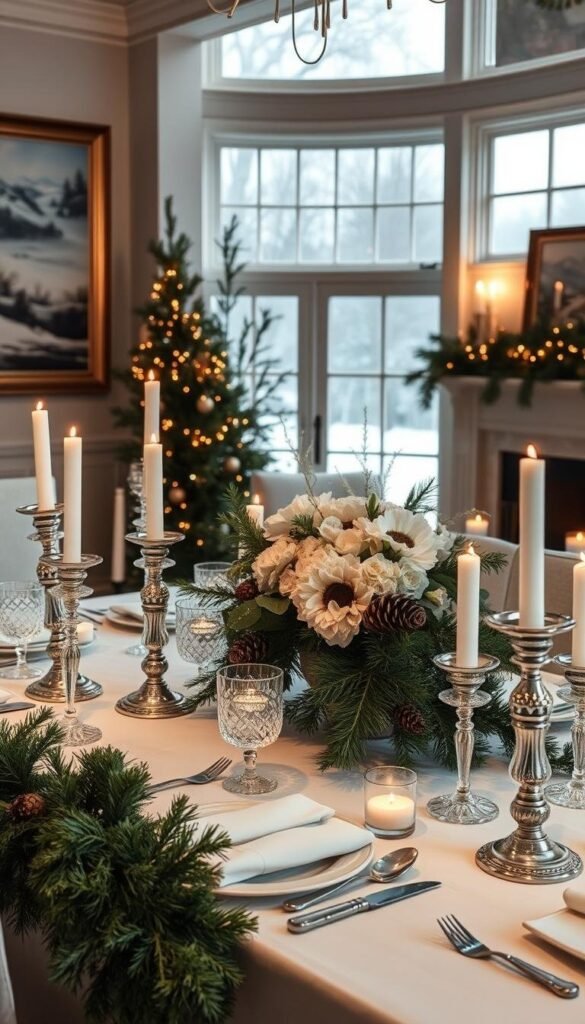 A cozy, elegant winter dining room scene. In the foreground, a beautifully set table with white linens, glittering crystal stemware, and ornate silver candlesticks casting a warm glow. Lush evergreen garlands and pinecones adorn the table, complemented by a stunning, minimalist floral centerpiece in shades of white and pale blue. In the middle ground, the room is bathed in soft, diffused natural light filtering through large windows, revealing a snowy landscape outside. The walls are adorned with framed winter landscape paintings and a crackling fireplace casts a flickering light. An atmosphere of timeless sophistication and serene, seasonal beauty.