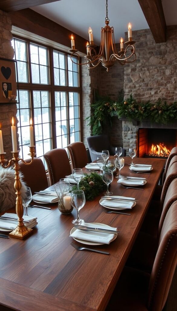 A cozy, elegant winter dining room with a long, rustic wooden table set for a sophisticated gathering. Soft lighting from brass candelabras and a glowing fireplace casts a warm, inviting glow. Fluffy fur throws, plush velvet chairs, and a lush, cascading garland of evergreens and pinecones add rich, layered textures. Vintage crystal glassware and silver cutlery gleam against a backdrop of exposed stone walls and large windows revealing a picturesque snowy landscape outside. An atmosphere of refined comfort and effortless charm pervades the scene, captured with a wide-angle lens to showcase the full, harmonious composition.
