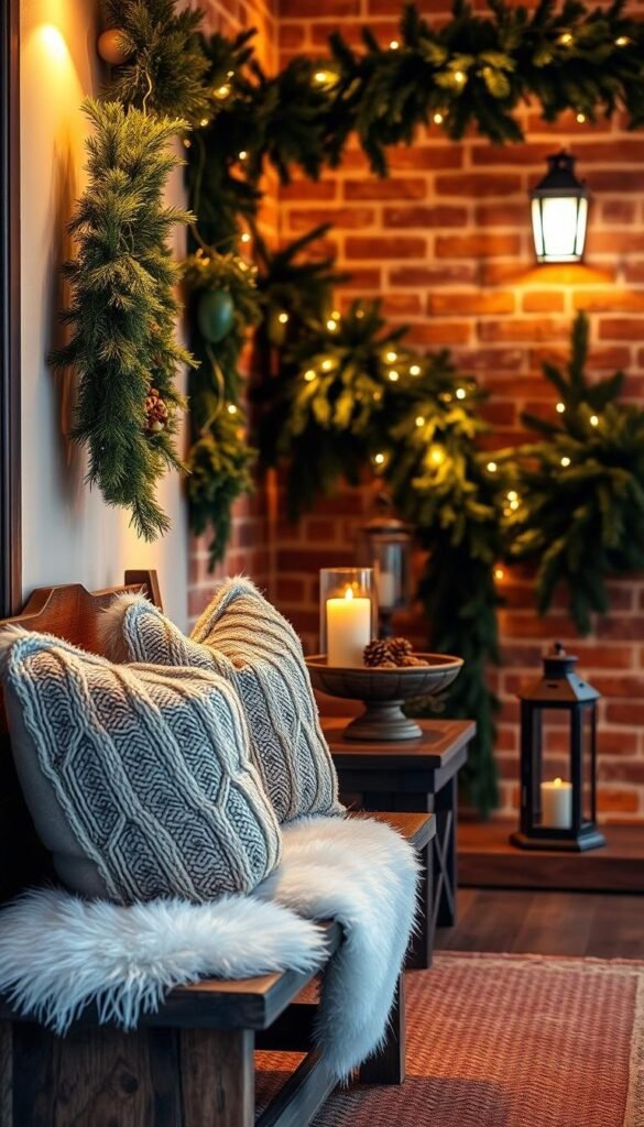 A cozy entryway adorned with rustic winter decor, bathed in warm, ambient lighting. The foreground features a sturdy wooden bench accented with plush, textured throw pillows and a fluffy white sheepskin rug. In the middle ground, a small side table displays a bowl of pinecones, a lit candle, and a vintage lantern. The background showcases a brick or stone wall, partially covered in lush evergreen garlands and twinkling fairy lights, evoking a charming, homely atmosphere. The overall scene radiates a sense of comfort, tranquility, and the welcoming spirit of the winter season. A cozy entryway adorned with rustic winter decor, bathed in warm, ambient lighting. The foreground features a sturdy wooden bench accented with plush, textured throw pillows and a fluffy white sheepskin rug. In the middle ground, a small side table displays a bowl of pinecones, a lit candle, and a vintage lantern. The background showcases a brick or stone wall, partially covered in lush evergreen garlands and twinkling fairy lights, evoking a charming, homely atmosphere. The overall scene radiates a sense of comfort, tranquility, and the welcoming spirit of the winter season.