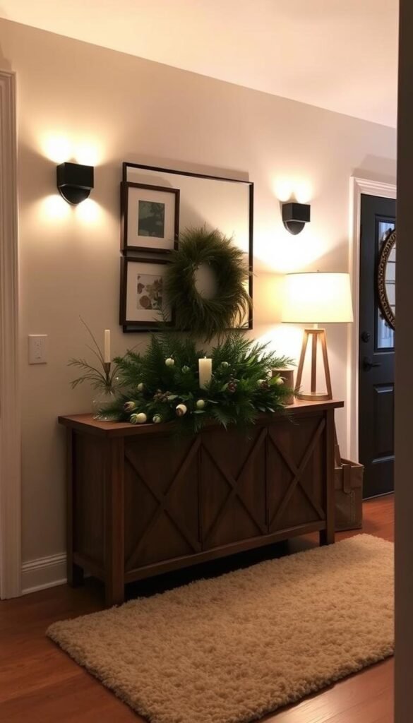 A cozy entryway with warm, inviting lighting. Soft, glowing wall sconces illuminate a wooden console table adorned with a lush, seasonal greenery arrangement. Framed artwork and a decorative mirror hang on the wall, creating depth and visual interest. The floor is covered in a plush, neutral-toned rug, and ambient lighting from a floor lamp casts a gentle, comforting glow. A sense of hygge and winter tranquility permeates the space, making it an inviting and serene welcome home. A cozy entryway with warm, inviting lighting. Soft, glowing wall sconces illuminate a wooden console table adorned with a lush, seasonal greenery arrangement. Framed artwork and a decorative mirror hang on the wall, creating depth and visual interest. The floor is covered in a plush, neutral-toned rug, and ambient lighting from a floor lamp casts a gentle, comforting glow. A sense of hygge and winter tranquility permeates the space, making it an inviting and serene welcome home.