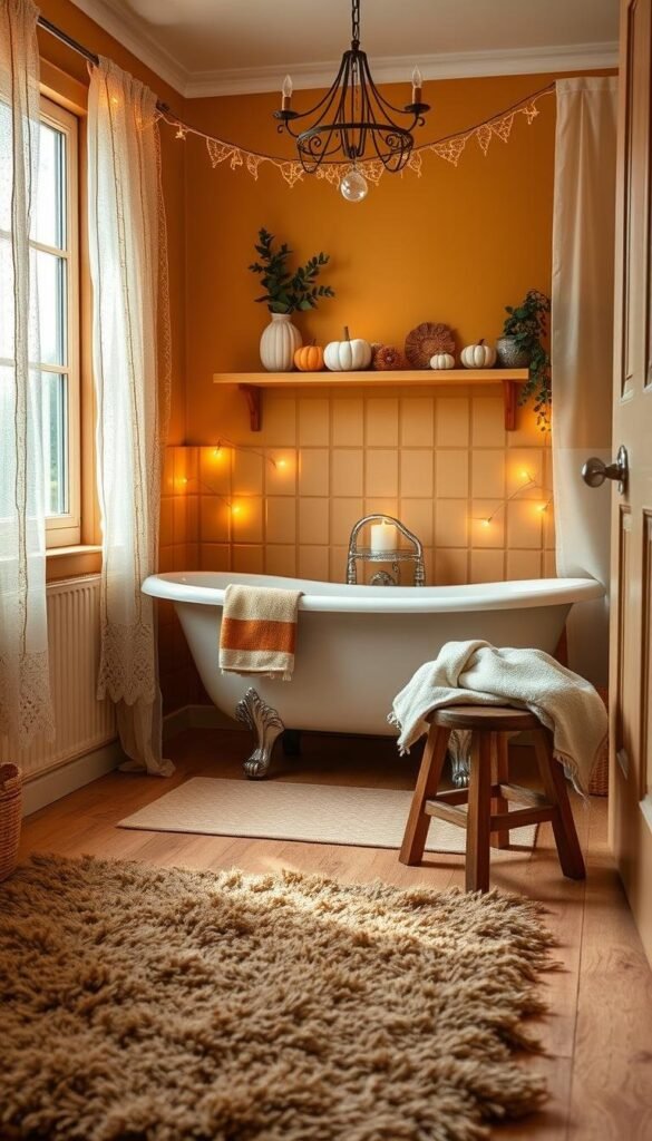 A cozy fall bathroom with warm and inviting details. In the foreground, a plush bathmat in earthy tones and a wooden stool with a fluffy towel draped over it. In the middle ground, a clawfoot tub surrounded by strings of twinkling fairy lights, casting a soft glow. On the shelves, ceramic pumpkins, a bundle of eucalyptus, and a scented candle flickering. The walls are painted in a rich, mustard yellow hue, and the window frames are adorned with wispy lace curtains. Natural light filters in, creating a serene and tranquil atmosphere, perfect for a relaxing fall retreat.