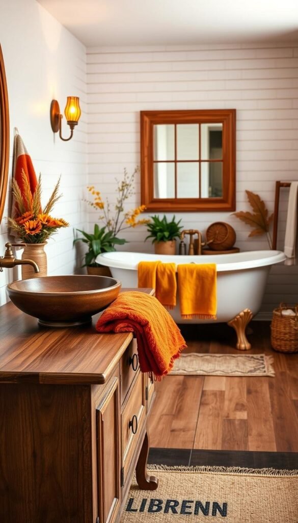 A cozy fall bathroom with warm, earthy tones. In the foreground, a wooden vanity with a vessel sink and brass fixtures. On the counter, plush towels in burnt orange and mustard yellow. In the middle ground, a large freestanding tub with claw feet, surrounded by potted plants and a woven basket. The background features a wall with white subway tiles, accented by a wooden framed mirror and sconces casting a soft, amber glow. The overall atmosphere is inviting and comforting, like a tranquil autumn retreat.
