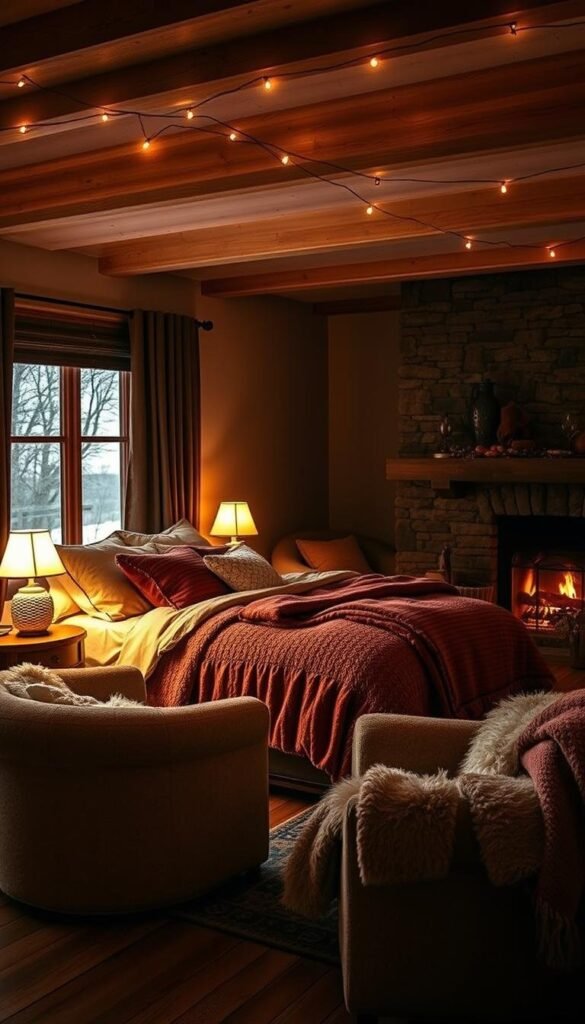 A cozy fall bedroom bathed in warm, ambient lighting. Soft, glowing bedside lamps cast a golden hue over the inviting scene. A large, plush bed is dressed in rich, textured bedding in autumnal hues - deep reds, oranges, and browns. Plush, overstuffed armchairs sit by the window, draped in fluffy throws. The background is filled with the muted tones of bare wood floors and a stone fireplace, hinting at the crisp, fall weather outside. Delicate string lights twinkle overhead, adding to the intimate, snug atmosphere. The overall mood is one of hygge - a welcoming, cozy, and comforting space to curl up and savor the changing of the seasons. A cozy fall bedroom bathed in warm, ambient lighting. Soft, glowing bedside lamps cast a golden hue over the inviting scene. A large, plush bed is dressed in rich, textured bedding in autumnal hues - deep reds, oranges, and browns. Plush, overstuffed armchairs sit by the window, draped in fluffy throws. The background is filled with the muted tones of bare wood floors and a stone fireplace, hinting at the crisp, fall weather outside. Delicate string lights twinkle overhead, adding to the intimate, snug atmosphere. The overall mood is one of hygge - a welcoming, cozy, and comforting space to curl up and savor the changing of the seasons.
