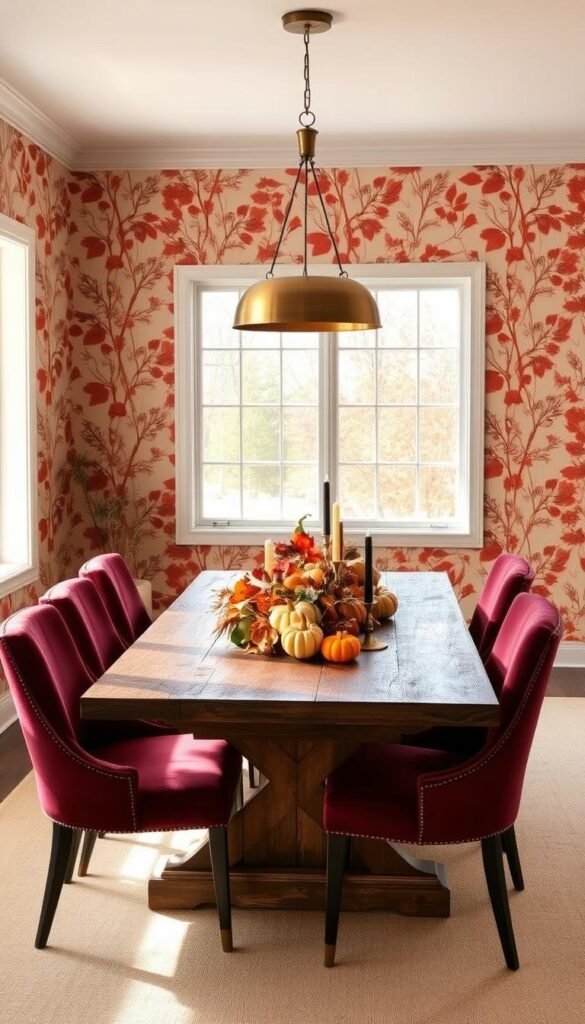 A cozy fall dining room with warm, earthy tones. The walls are adorned with an abstract botanical wallpaper in rich autumn hues, creating a serene and inviting ambiance. A large picture window floods the space with natural light, casting a soft glow on the rustic wooden table and chairs. Velvet upholstered chairs in a deep burgundy provide comfortable seating, while a statement pendant light fixture in aged brass illuminates the table. On the table, a centerpiece of seasonal foliage, vibrant pumpkins, and candles set the mood for an effortless, elegant gathering. The overall scene evokes a sense of tranquility and celebration of the changing seasons.