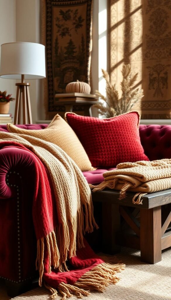 A cozy fall scene featuring an array of textured fabrics in autumnal hues. In the foreground, a plush velvet throw in a rich burgundy tone drapes over a tufted chesterfield sofa. Layers of woven wool pillows in shades of mustard and olive green add depth and dimension. In the middleground, a chunky knit blanket in a warm camel color is folded neatly on a rustic wooden bench. The background showcases a wall adorned with a tapestry in earthy tones, its intricate pattern casting alluring shadows. Soft, diffused lighting from a nearby lamp creates a comforting ambiance, while a large window allows natural light to filter in, highlighting the inviting textures. An atmospheric scene that evokes the cozy, tactile essence of fall home decor. A cozy fall scene featuring an array of textured fabrics in autumnal hues. In the foreground, a plush velvet throw in a rich burgundy tone drapes over a tufted chesterfield sofa. Layers of woven wool pillows in shades of mustard and olive green add depth and dimension. In the middleground, a chunky knit blanket in a warm camel color is folded neatly on a rustic wooden bench. The background showcases a wall adorned with a tapestry in earthy tones, its intricate pattern casting alluring shadows. Soft, diffused lighting from a nearby lamp creates a comforting ambiance, while a large window allows natural light to filter in, highlighting the inviting textures. An atmospheric scene that evokes the cozy, tactile essence of fall home decor.