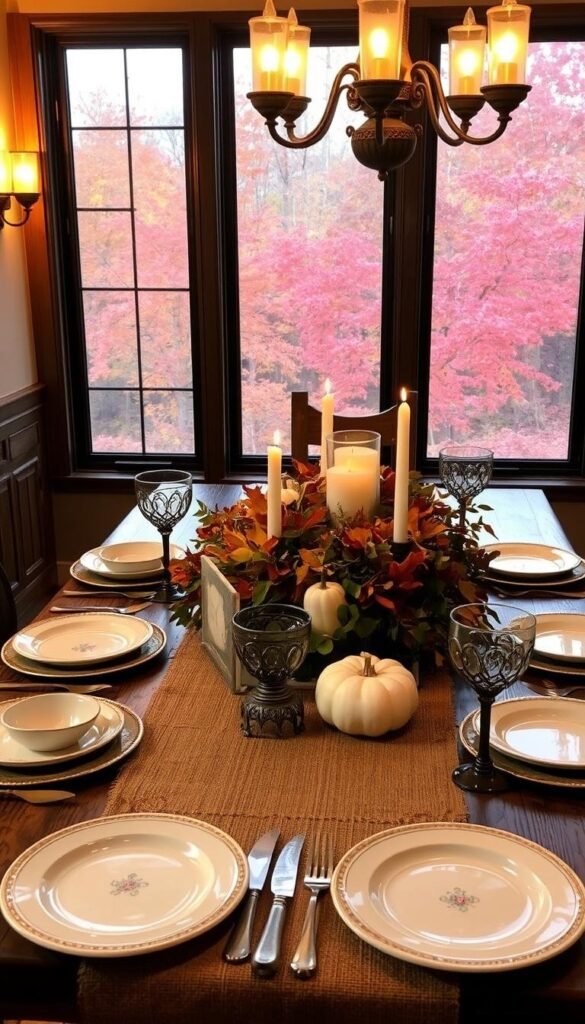 A cozy fall table setting with a rustic wooden table, a burlap runner, and a centerpiece of seasonal foliage, pumpkins, and candles. The table is adorned with ceramic plates, gold-rimmed glassware, and antique-inspired silverware. Warm lighting from wall sconces and a chandelier casts a soft glow, creating an inviting and intimate atmosphere. The scene is framed by a large window overlooking a lush autumn landscape, with trees in shades of red, orange, and yellow. The overall mood is one of comfort, celebration, and connection. A cozy fall table setting with a rustic wooden table, a burlap runner, and a centerpiece of seasonal foliage, pumpkins, and candles. The table is adorned with ceramic plates, gold-rimmed glassware, and antique-inspired silverware. Warm lighting from wall sconces and a chandelier casts a soft glow, creating an inviting and intimate atmosphere. The scene is framed by a large window overlooking a lush autumn landscape, with trees in shades of red, orange, and yellow. The overall mood is one of comfort, celebration, and connection.