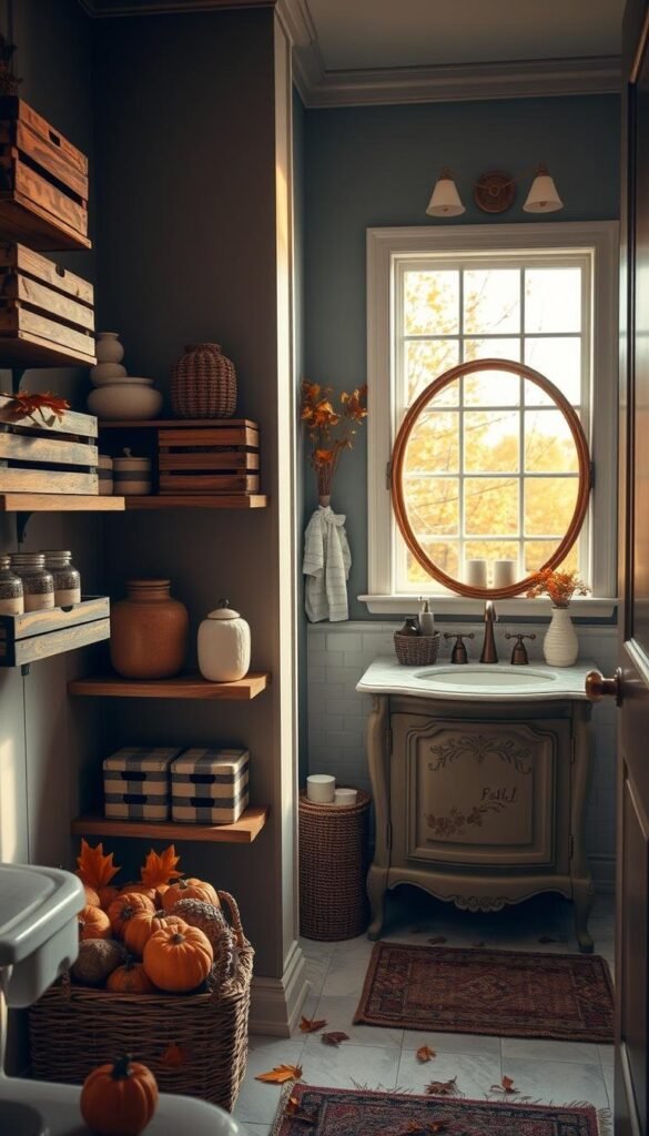 A cozy fall-themed bathroom with warm lighting and a rustic aesthetic. In the foreground, various fall-inspired storage solutions such as wooden crates, wicker baskets, and ceramic jars neatly arranged on floating shelves. The middle ground features a vintage-style vanity with a marble countertop, accented by a gilded mirror and sconce lighting. In the background, a window overlooking an autumnal landscape, with leaves gently falling outside. The overall mood is inviting and tranquil, evoking a sense of seasonal comfort and relaxation.
