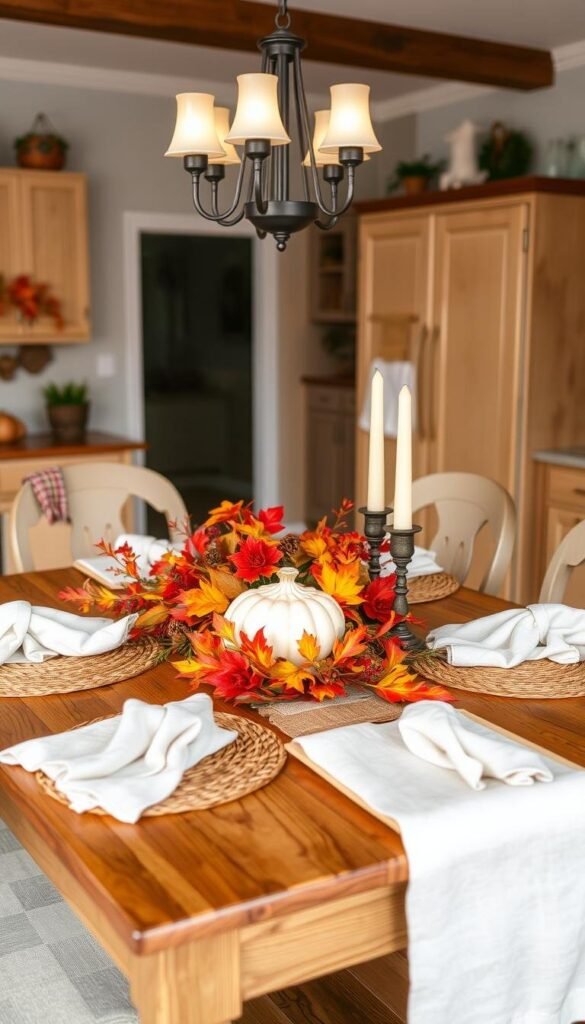 A cozy fall-themed kitchen interior with a wooden dining table set with a warm-toned tablecloth, crisp white linen napkins, and a rustic woven placemats. A centerpiece of vibrant fall foliage, pine cones, and candlesticks creates a harmonious autumnal ambiance. Soft, diffused lighting from a chandelier above casts a gentle glow, highlighting the textural details of the linens. The scene exudes a welcoming, harvest-inspired atmosphere, ideal for hosting an intimate seasonal celebration. A cozy fall-themed kitchen interior with a wooden dining table set with a warm-toned tablecloth, crisp white linen napkins, and a rustic woven placemats. A centerpiece of vibrant fall foliage, pine cones, and candlesticks creates a harmonious autumnal ambiance. Soft, diffused lighting from a chandelier above casts a gentle glow, highlighting the textural details of the linens. The scene exudes a welcoming, harvest-inspired atmosphere, ideal for hosting an intimate seasonal celebration.