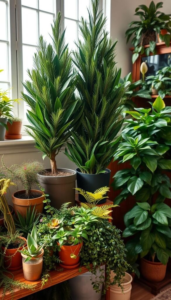 A cozy indoor scene featuring a variety of lush, thriving houseplants and evergreen foliage. In the foreground, a cluster of potted succulents, ferns, and a trailing devil's ivy cascade down a rustic wooden shelf. In the middle ground, a tall, graceful fiddle-leaf fig tree stands beside a potted Norfolk Island pine, their verdant leaves softly illuminated by natural light streaming in from large windows. In the background, leafy philodendrons and peace lilies adorn a wooden cabinet, creating a harmonious, nature-inspired atmosphere. The lighting is warm and inviting, with gentle shadows accentuating the textures and shapes of the plants. The overall composition conveys a sense of tranquility and rejuvenation, perfect for a cozy winter home decor setting.