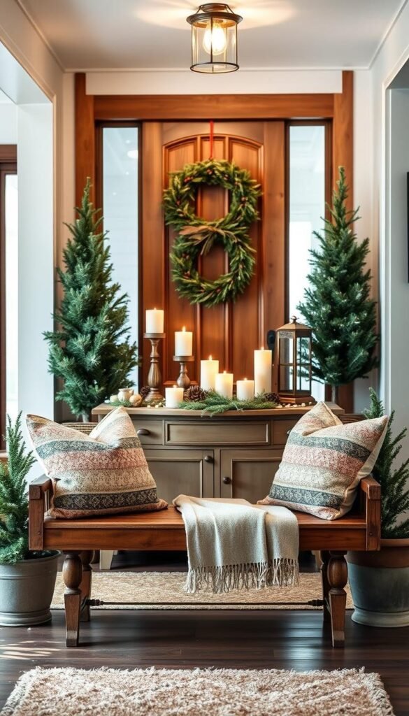 A cozy, inviting winter entryway with a warm, rustic aesthetic. In the foreground, a wooden bench adorned with plush throws and pillows, flanked by lush potted evergreens. The middle ground features a vintage-inspired console table topped with a cluster of candles, pinecones, and a decorative lantern, casting a soft, ambient glow. The background showcases a wooden door framed by a natural wreath, snowflakes gently drifting outside. The lighting is a harmonious blend of natural and soft, artificial illumination, creating an atmosphere of winter charm and comfort. Photographed with a wide-angle lens to capture the full entryway scene. A cozy, inviting winter entryway with a warm, rustic aesthetic. In the foreground, a wooden bench adorned with plush throws and pillows, flanked by lush potted evergreens. The middle ground features a vintage-inspired console table topped with a cluster of candles, pinecones, and a decorative lantern, casting a soft, ambient glow. The background showcases a wooden door framed by a natural wreath, snowflakes gently drifting outside. The lighting is a harmonious blend of natural and soft, artificial illumination, creating an atmosphere of winter charm and comfort. Photographed with a wide-angle lens to capture the full entryway scene.