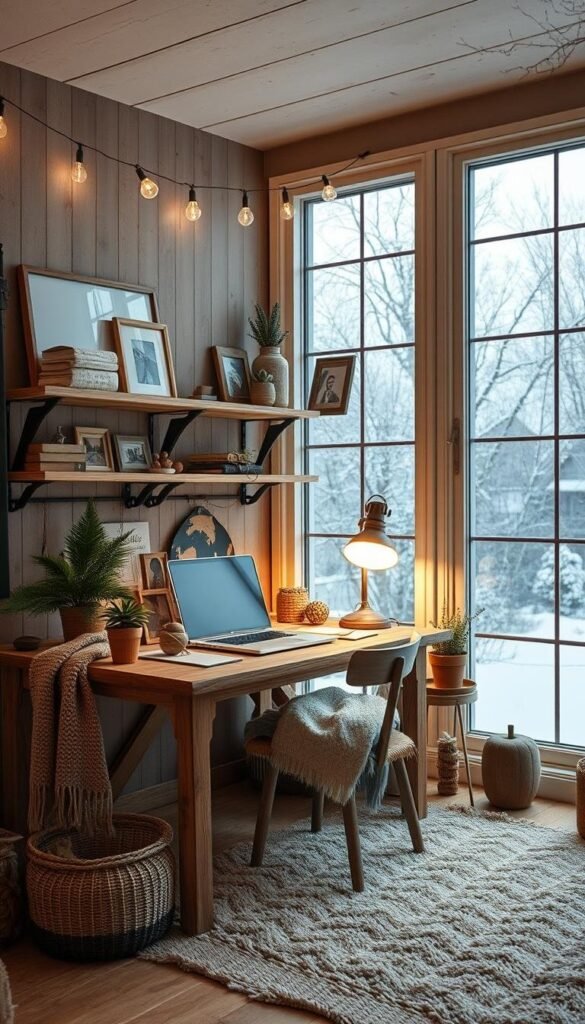 A cozy, inviting winter work space with a rustic wooden desk and shelves, illuminated by a warm, soft glow from a vintage-style table lamp and string lights draped overhead. The space is accented with natural textures like knit throws, potted plants, and a plush area rug. Warm-toned wooden accents, such as picture frames and floating shelves, create a sense of comfort and inspiration. Large windows allow natural light to filter in, casting a glow across the space. The overall atmosphere is one of productivity and calm, evoking a sense of hygge and creative focus.