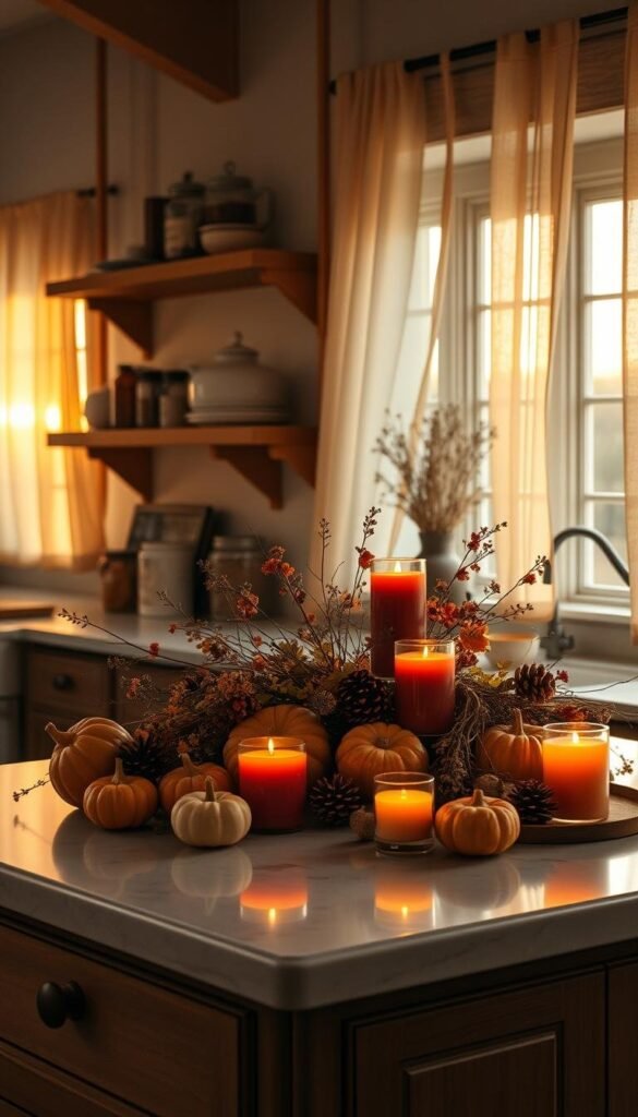 A cozy kitchen bathed in warm, soft lighting. On the countertop, a collection of scented fall candles in autumnal hues - deep orange, rich burgundy, and earthy brown. Surrounding the candles, an arrangement of gourds, pinecones, and dried flowers, creating a natural, inviting tableau. Wooden shelves line the walls, holding vintage-inspired ceramics and jars filled with spices. The kitchen windows are dressed with sheer curtains, letting in the golden glow of the setting sun. The entire scene exudes a sense of tranquility and comfort, perfect for a cozy evening at home. A cozy kitchen bathed in warm, soft lighting. On the countertop, a collection of scented fall candles in autumnal hues - deep orange, rich burgundy, and earthy brown. Surrounding the candles, an arrangement of gourds, pinecones, and dried flowers, creating a natural, inviting tableau. Wooden shelves line the walls, holding vintage-inspired ceramics and jars filled with spices. The kitchen windows are dressed with sheer curtains, letting in the golden glow of the setting sun. The entire scene exudes a sense of tranquility and comfort, perfect for a cozy evening at home.