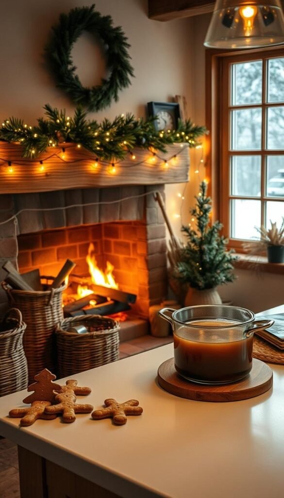A cozy kitchen filled with the warm scents of winter. A crackling fireplace set against a rustic wooden mantel, adorned with pine garlands and twinkling fairy lights. On the countertop, a simmering pot of mulled cider, its spicy aroma mingling with the fresh-baked gingerbread. Woven baskets and natural textures create a inviting, homey atmosphere, while a large window offers a glimpse of a snowy landscape outside. Soft, diffused lighting casts a golden glow, capturing the essence of a harmonious winter haven.