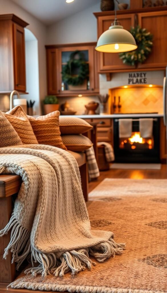 A cozy kitchen interior with warm, inviting decor. In the foreground, a plush, soft throw blanket draped over a wooden bench, its gentle folds and textures inviting touch. Nearby, a stack of knitted pillows in earthy tones add to the tactile, comforting atmosphere. In the middle ground, a large area rug with a subtle pattern anchors the space, its fibers seeming to radiate warmth. The background features wooden cabinetry, softly illuminated by the glow of a fireplace, casting a golden, ambient light that permeates the entire scene. The overall mood is one of relaxation and tranquility, creating a welcoming, winter-inspired kitchen space.