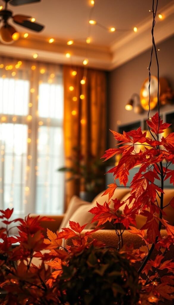 A cozy living room bathed in the warm glow of autumn-themed string lights. The delicate lights are strung across the ceiling, cascading in elegant, sweeping curves that create a soft, ambient illumination. In the foreground, the lights intermingle with lush, fall-colored foliage - vibrant reds, oranges, and yellows that add depth and texture to the scene. The middle ground features a plush, oversized armchair, its rich, autumnal upholstery complementing the lighting and greenery. The background subtly fades into a soft, hazy atmosphere, evoking a sense of tranquility and comfort. This intimate, inviting space is perfect for snuggling up and enjoying the coziness of the season. A cozy living room bathed in the warm glow of autumn-themed string lights. The delicate lights are strung across the ceiling, cascading in elegant, sweeping curves that create a soft, ambient illumination. In the foreground, the lights intermingle with lush, fall-colored foliage - vibrant reds, oranges, and yellows that add depth and texture to the scene. The middle ground features a plush, oversized armchair, its rich, autumnal upholstery complementing the lighting and greenery. The background subtly fades into a soft, hazy atmosphere, evoking a sense of tranquility and comfort. This intimate, inviting space is perfect for snuggling up and enjoying the coziness of the season.