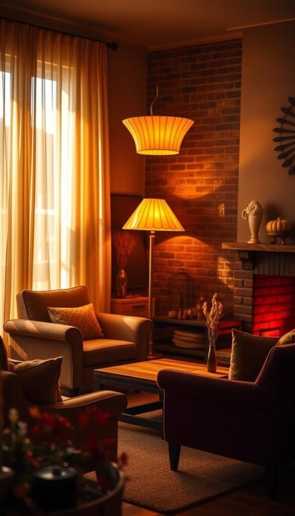 A cozy living room bathed in the warm, golden glow of autumn lighting. Soft, diffused light filters through sheer curtains, casting a gentle ambiance. Plush armchairs and a rustic coffee table sit in the foreground, inviting relaxation. In the middle ground, a statement floor lamp with a flared, amber-toned shade casts a mesmerizing radiance. The background features a brick fireplace, its flames flickering and casting dancing shadows across the walls. Earthy hues of orange, red, and brown create a harmonious, fall-inspired palette. The overall mood is one of tranquility, comfort, and a celebration of the seasonal transition. A cozy living room bathed in the warm, golden glow of autumn lighting. Soft, diffused light filters through sheer curtains, casting a gentle ambiance. Plush armchairs and a rustic coffee table sit in the foreground, inviting relaxation. In the middle ground, a statement floor lamp with a flared, amber-toned shade casts a mesmerizing radiance. The background features a brick fireplace, its flames flickering and casting dancing shadows across the walls. Earthy hues of orange, red, and brown create a harmonious, fall-inspired palette. The overall mood is one of tranquility, comfort, and a celebration of the seasonal transition.
