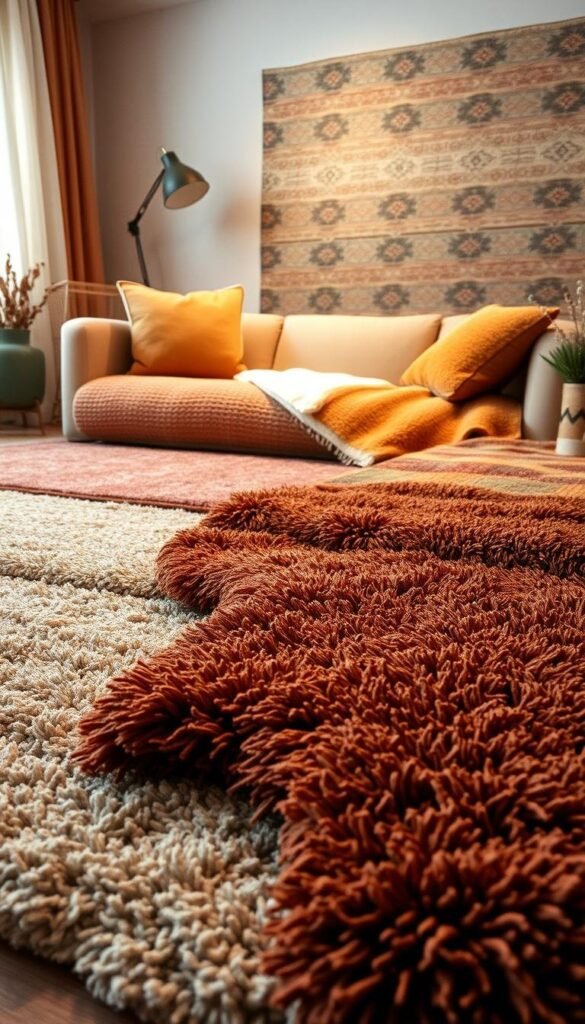 A cozy living room filled with a mix of tightly-woven, high-quality area rugs in warm, earthy tones. The rugs are layered in an artful, asymmetrical arrangement, creating a sense of depth and visual interest. The lighting is soft and ambient, casting a gentle glow across the plush textures. In the foreground, a thick, shag rug in a rich auburn hue anchors the space, while mid-ground rugs in muted ochres and terracottas overlap and intertwine. In the background, a patterned kilim rug in muted blues and greens adds visual complexity. The overall atmosphere is one of modern comfort and fall-inspired coziness. A cozy living room filled with a mix of tightly-woven, high-quality area rugs in warm, earthy tones. The rugs are layered in an artful, asymmetrical arrangement, creating a sense of depth and visual interest. The lighting is soft and ambient, casting a gentle glow across the plush textures. In the foreground, a thick, shag rug in a rich auburn hue anchors the space, while mid-ground rugs in muted ochres and terracottas overlap and intertwine. In the background, a patterned kilim rug in muted blues and greens adds visual complexity. The overall atmosphere is one of modern comfort and fall-inspired coziness.