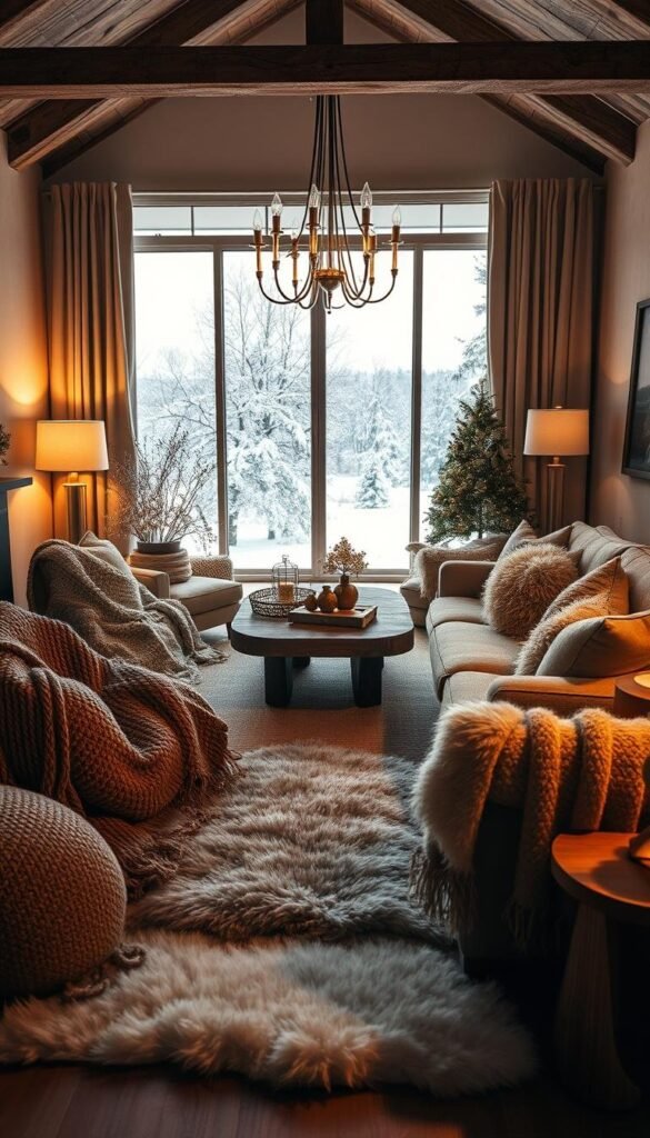 A cozy living room in a winter wonderland, illuminated by warm ambient lighting. In the foreground, natural textures like knitted throws, soft pillows, and a plush rug in a harmonious palette of earthy browns, creams, and muted greens. Accents of gold and copper add a touch of sophistication, while wooden elements like a rustic coffee table and a faux-fur rug anchor the space. In the middle ground, a large window frames a snowy landscape, creating a serene and tranquil atmosphere. Soft, diffused lighting from table lamps and a central chandelier casts a gentle glow, enhancing the inviting ambiance. The overall mood is one of comfort, coziness, and a celebration of the winter season.