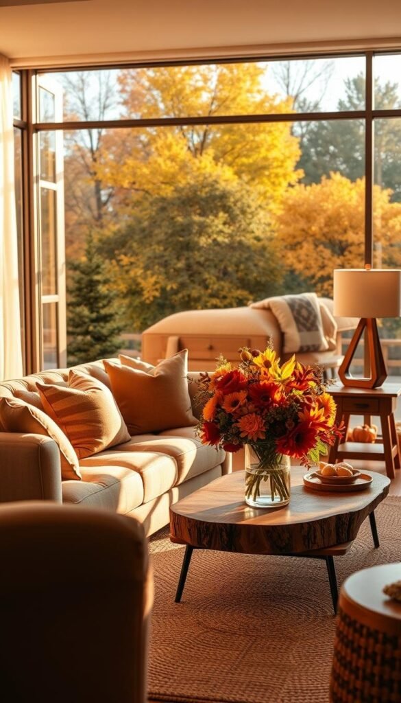 A cozy living room in an autumn-inspired home decor, with a large picture window overlooking a lush outdoor scene. The room is bathed in warm, golden lighting, creating a serene and inviting atmosphere. In the foreground, a plush, tufted sofa is adorned with plush throw pillows in earthy tones. On the coffee table, a beautiful bouquet of freshly cut flowers in seasonal hues of orange, red, and yellow adds a natural, vibrant touch. Wooden accents, such as a rustic side table and a chic, angular lamp, complement the overall aesthetic. The middle ground features a soft, woven area rug that ties the space together, while the background showcases a picturesque view of the changing leaves outside, captured through the large, panoramic window. A cozy living room in an autumn-inspired home decor, with a large picture window overlooking a lush outdoor scene. The room is bathed in warm, golden lighting, creating a serene and inviting atmosphere. In the foreground, a plush, tufted sofa is adorned with plush throw pillows in earthy tones. On the coffee table, a beautiful bouquet of freshly cut flowers in seasonal hues of orange, red, and yellow adds a natural, vibrant touch. Wooden accents, such as a rustic side table and a chic, angular lamp, complement the overall aesthetic. The middle ground features a soft, woven area rug that ties the space together, while the background showcases a picturesque view of the changing leaves outside, captured through the large, panoramic window.