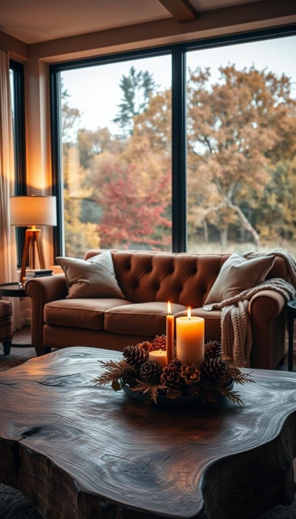 A cozy living room in autumn, with a warm, inviting atmosphere. In the foreground, a rustic wooden coffee table is adorned with a centerpiece of seasonal foliage, pinecones, and candles, casting a soft, flickering glow. The middle ground features a plush, tufted sofa in a rich, earthy tone, surrounded by plush throw pillows and a cozy knitted blanket. In the background, a large window offers a view of a lush, autumnal landscape, with trees in shades of gold, orange, and crimson. The lighting is a mix of natural daylight and the warm glow of table lamps, creating a harmonious blend of modern and natural elements. A cozy living room in autumn, with a warm, inviting atmosphere. In the foreground, a rustic wooden coffee table is adorned with a centerpiece of seasonal foliage, pinecones, and candles, casting a soft, flickering glow. The middle ground features a plush, tufted sofa in a rich, earthy tone, surrounded by plush throw pillows and a cozy knitted blanket. In the background, a large window offers a view of a lush, autumnal landscape, with trees in shades of gold, orange, and crimson. The lighting is a mix of natural daylight and the warm glow of table lamps, creating a harmonious blend of modern and natural elements.