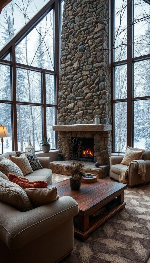 A cozy living room nestled in a snowy winter landscape, bathed in warm, soft lighting. In the foreground, a plush, neutral-toned sofa is adorned with knitted throws and decorative pillows in earthy tones. A large, rustic wooden coffee table is topped with a vase of dried flowers and pinecones, with a small potted evergreen plant nearby. The middle ground features a grand stone fireplace, its crackling flames casting a gentle glow. Surrounding the room, large windows offer panoramic views of the serene, snow-covered forest outside, with thin, delicate branches reaching in. The overall atmosphere is one of natural, inviting warmth and tranquility.