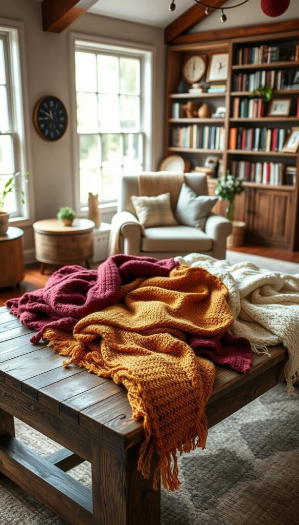 A cozy living room setting with a rustic wooden table in the foreground, showcasing an array of DIY throw blanket projects. Soft, handcrafted textiles in warm hues of burgundy, mustard, and cream spill across the tabletop, inviting viewers to imagine the tactile experience of creating these projects. The middle ground features a comfortable armchair and plush rug, while the background is filled with bookshelves and natural light filtering in through large windows, creating a soothing, homely atmosphere. The overall scene exudes a sense of craftsmanship, creativity, and the joy of making something with one's own hands. A cozy living room setting with a rustic wooden table in the foreground, showcasing an array of DIY throw blanket projects. Soft, handcrafted textiles in warm hues of burgundy, mustard, and cream spill across the tabletop, inviting viewers to imagine the tactile experience of creating these projects. The middle ground features a comfortable armchair and plush rug, while the background is filled with bookshelves and natural light filtering in through large windows, creating a soothing, homely atmosphere. The overall scene exudes a sense of craftsmanship, creativity, and the joy of making something with one's own hands.