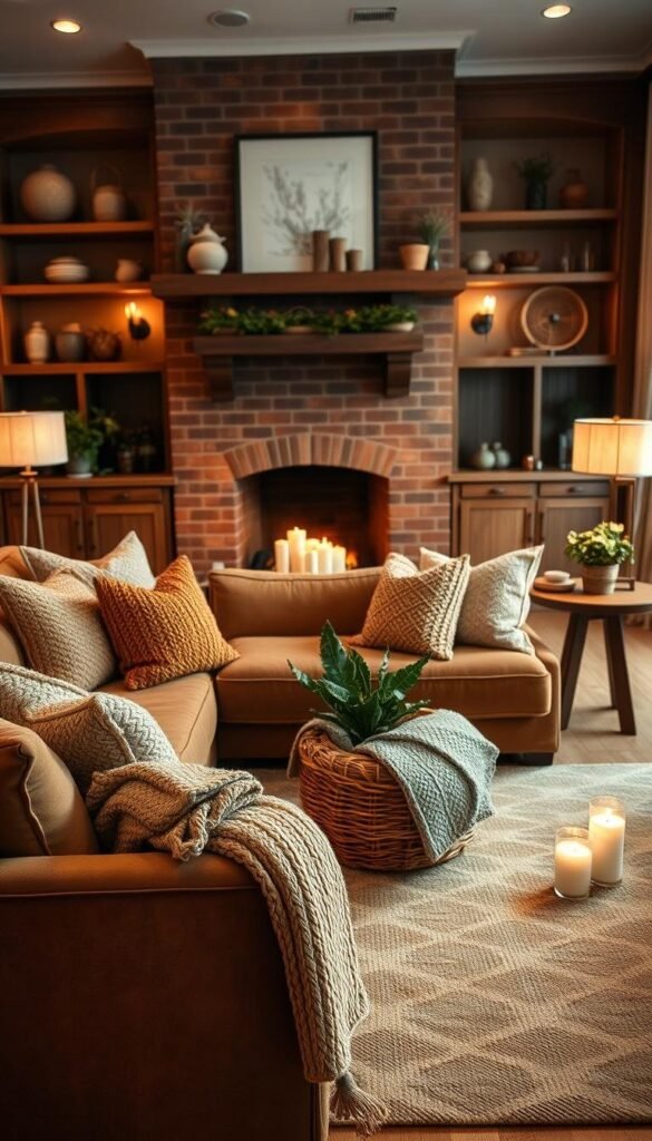 A cozy living room with plush fall-inspired textiles. In the foreground, a velvet sofa adorned with knitted throw pillows in warm, earthy hues. On the coffee table, a woven basket filled with textured blankets. In the middle ground, a large area rug with a subtle pattern underfoot, complementing the soft furnishings. Wooden side tables hold potted plants and flickering candles, casting a gentle glow. The backdrop features a brick fireplace surrounded by built-in shelves displaying decorative stoneware and woven baskets. Indirect lighting from floor lamps and wall sconces creates a inviting, intimate atmosphere, perfect for curling up and embracing the coziness of the season. A cozy living room with plush fall-inspired textiles. In the foreground, a velvet sofa adorned with knitted throw pillows in warm, earthy hues. On the coffee table, a woven basket filled with textured blankets. In the middle ground, a large area rug with a subtle pattern underfoot, complementing the soft furnishings. Wooden side tables hold potted plants and flickering candles, casting a gentle glow. The backdrop features a brick fireplace surrounded by built-in shelves displaying decorative stoneware and woven baskets. Indirect lighting from floor lamps and wall sconces creates a inviting, intimate atmosphere, perfect for curling up and embracing the coziness of the season.