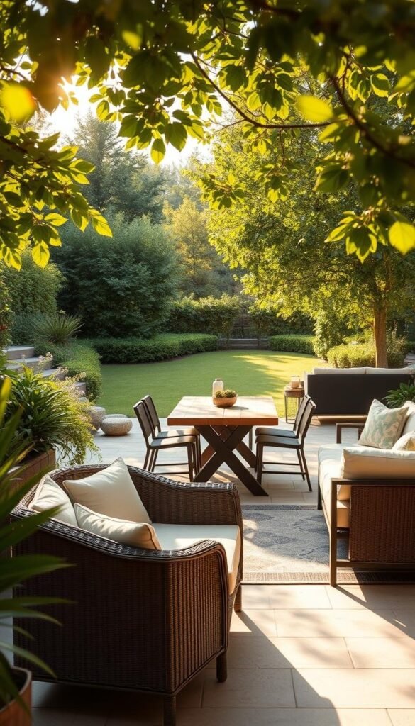 A cozy outdoor patio surrounded by lush greenery, with a carefully curated selection of high-quality patio furniture. In the foreground, a wicker loveseat and matching armchairs with plush cushions invite relaxation. In the middle ground, a rustic wooden dining table with sleek metal chairs stands ready for alfresco meals. In the background, a modern sectional sofa with weatherproof upholstery overlooks a well-manicured lawn. Warm sunlight filters through the leaves, casting a soft, inviting glow across the scene. The overall atmosphere is one of tranquility and sophistication, perfect for enjoying the summer outdoors.